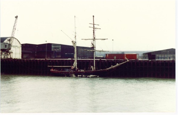 Photo:Old sail boat moored up at the East Quay - c1982