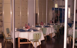 Photo:The TXE4 exchange equipment room temporarily converted to become a restaurant, the tables decked with the Stars & Stripes and Union Flags to emphasise the connection with New Haven, Connecticut, U.S.A.