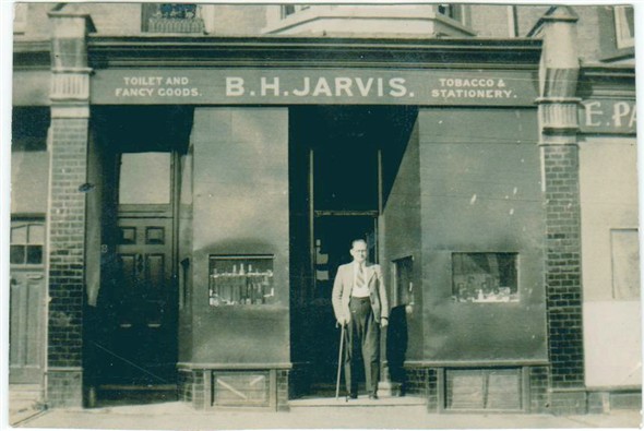 Photo:B. Jarvis outside his shop in Meeching Avenue