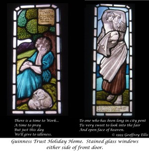 Photo:Stained glass windows with captions at main door