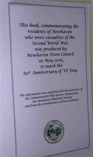Photo:Preface page of The Book of Remembrance recording the names of Newhaven residents who perished during World War Two.