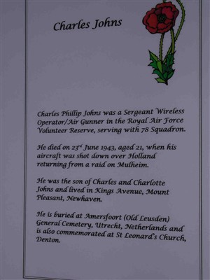 Photo:Memorial page in The Book of Remembrance dedicated to Charles Philip Johns, typical of  other entries.