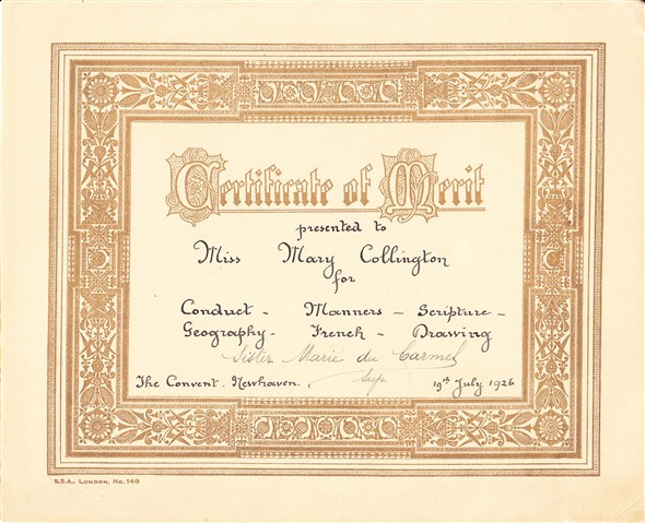 Photo:Another of Mary's certificates from the convent