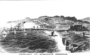 Photo:A postcard of an engraving depicting the entrance to the harbour with a paddle steamer leaving for Dieppe. Note: The Newhaven Historical Society Emblem is loosely based upon the paddle steamer in this engraving