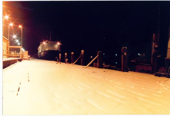 Photo:MOORED UP AT NIGHT, IN THE SNOW (Jan 1985)
