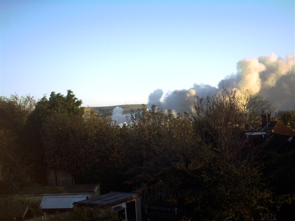 Photo:Firle beacon in the distance , smoke from the fire at Jordans on the North Quay 31st Oct 2001