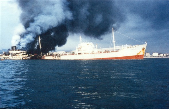 Photo:Sitakund blazes while under tow off Eastbourne. One of just two colour photos I have of the incident.