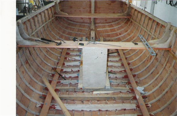 Photo:This is an internal view of the fitting out of this 20ft clinker-built type of construction showing internal oak timber frames together with the lower oak floor frames which had been fitted in the  bottom of the hull.
