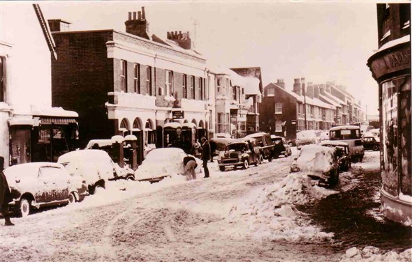 Photo:Meeching Road in the snow c1960's. See Parson's on the right.