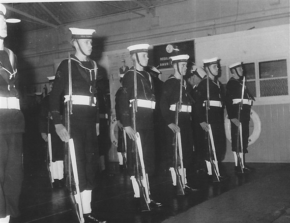Photo:Year 1955. SCC Annual inspection: Guard 0 front row (3rd from rt my brother Patrick). Note we did well that year and the unit were presented with a burgee.